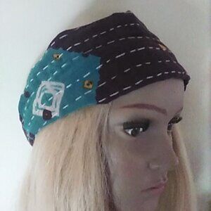 H110. Kantha Headband Green Dark Brown Narrow Cotton Handmade Boho Hippie